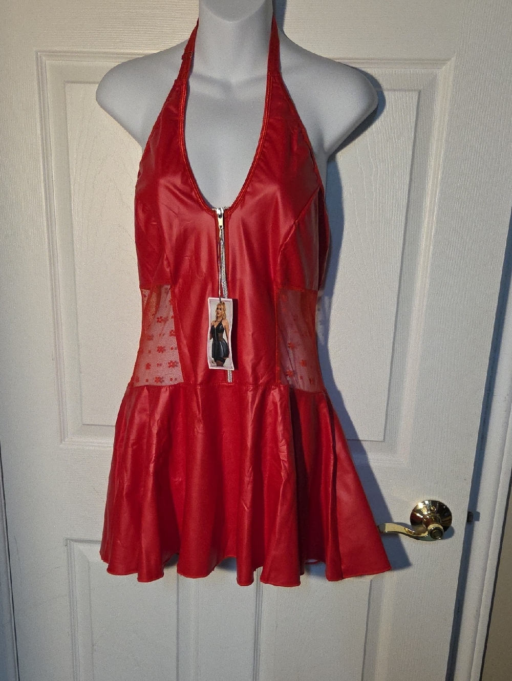 Red Halter Chemise Zip-Front Role Play Women's Dress Sz M